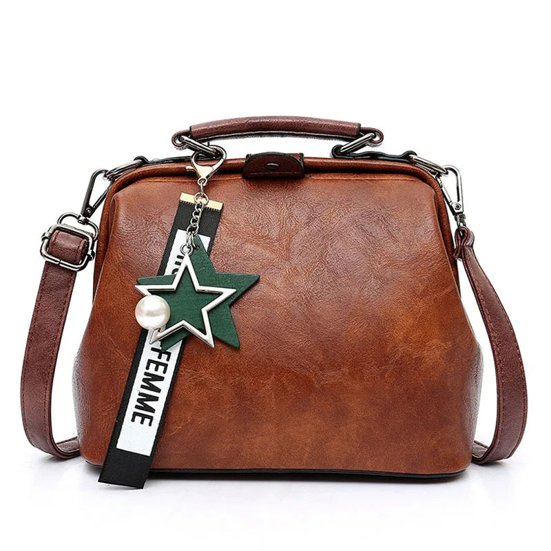 Vintage Small Leather Crossbody Bag for Women with Pendant