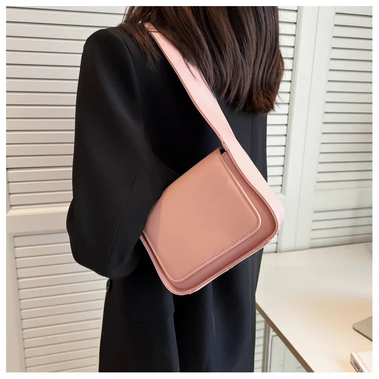 Vintage Small Square Bag Solid Crossbody Bags For Women Wide Strap Shoulder Bag