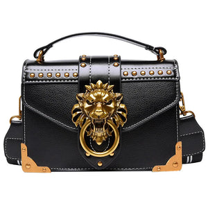 Vintage Square Crossbody Flap Bag Rivets Lion Head Lock Shoulder Messenger