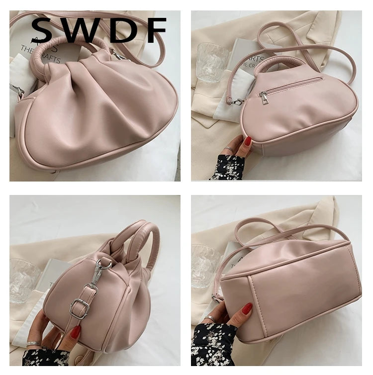 Vintage Pleated Leather Shoulder Bag for Women