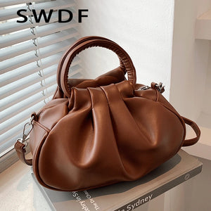 Vintage Pleated Leather Shoulder Bag for Women