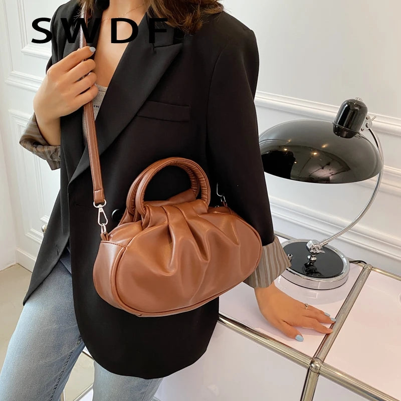 Vintage Pleated Leather Shoulder Bag for Women