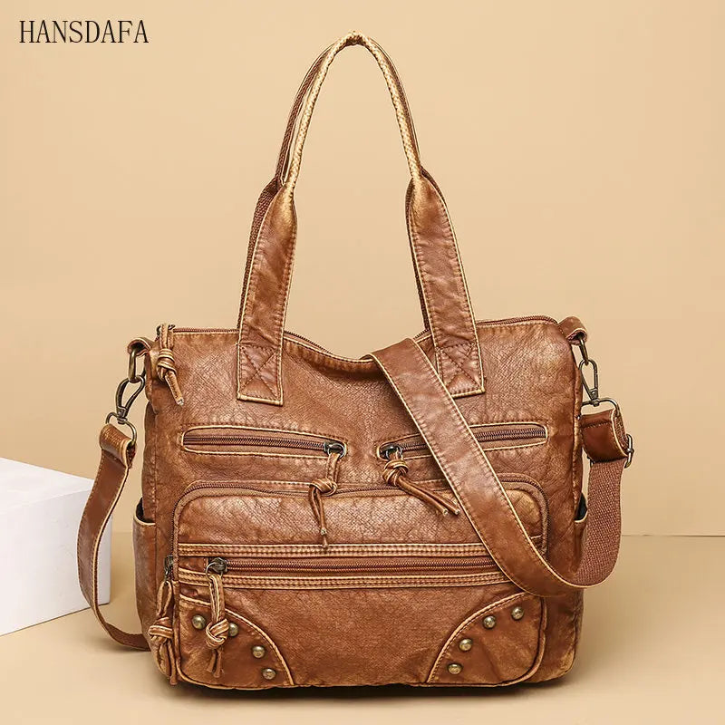 Vintage Leather Shoulder Crossbody Bag for Women Rivet Handbag Large Messenger T