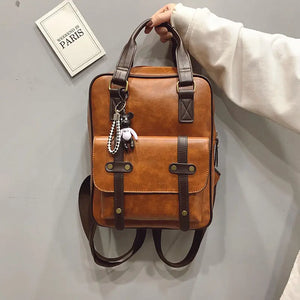 Vintage Waterproof Leather Backpack Large Capacity Women Canvas Travel Bag