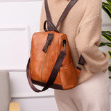 Vintage PU Leather Backpack Large Capacity School Bag Multifunction Anti-theft