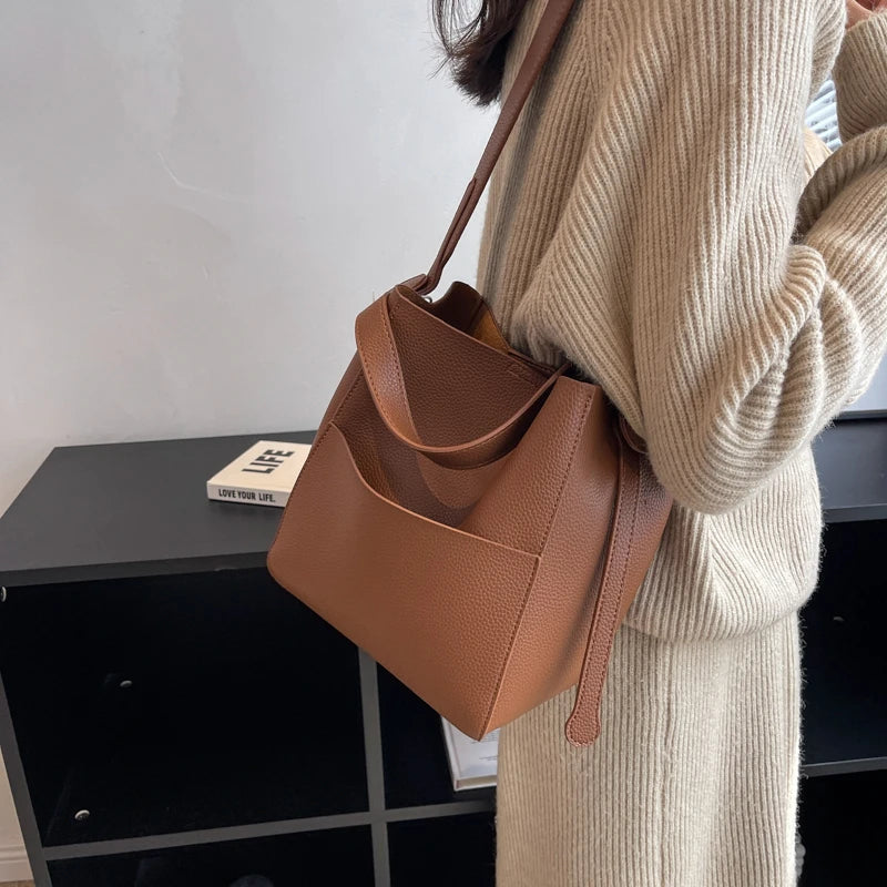 Vintage Soft PU Leather Bucket Crossbody Bags for Women