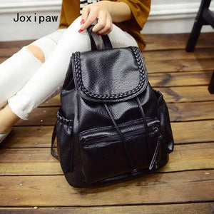 Vintage Soft Pu Leather Weave Backpack Women Large School Bag Pack