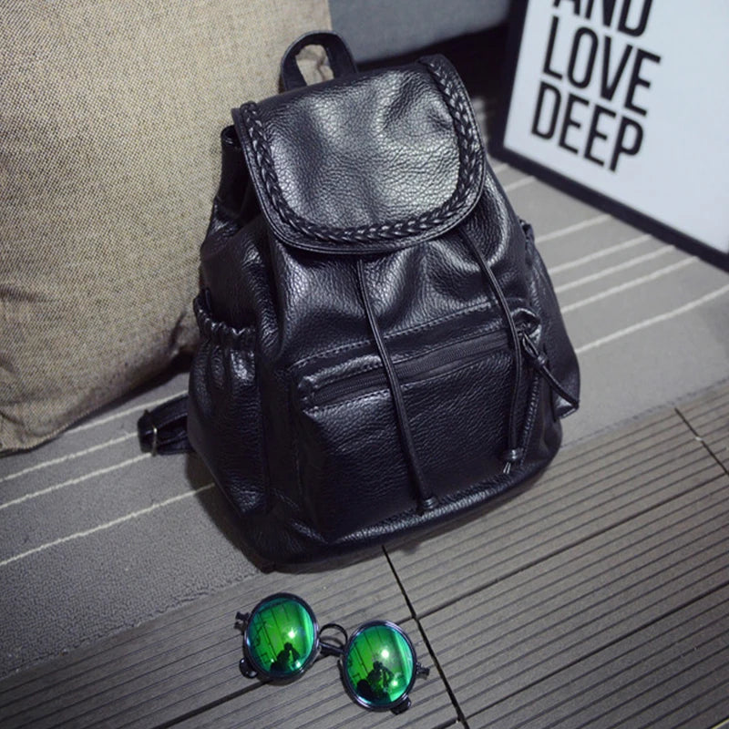 Vintage Soft Pu Leather Weave Backpack Women Large School Bag Pack