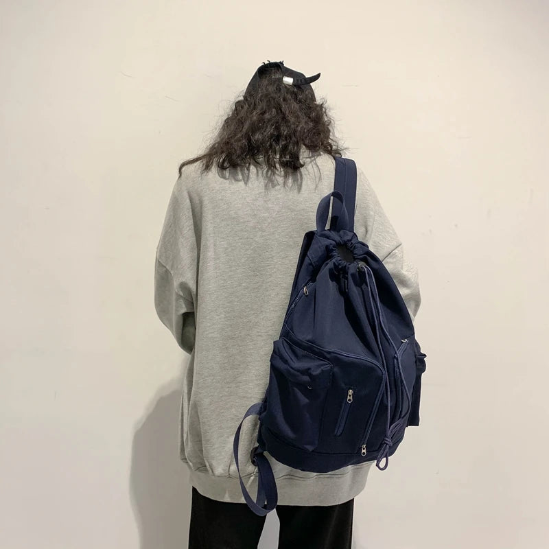 Vintage Solid String Backpack Multi-Pocket High Waterproof Nylon Book Bags