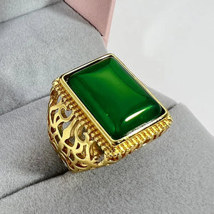 Vintage Square Green Jade Agate Emerald Gemstones Diamonds Rings Bague for Men