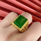 Vintage Square Green Jade Agate Emerald Gemstones Diamonds Rings Bague for Men