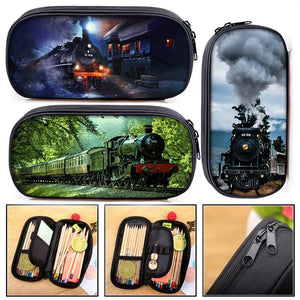 Vintage Steam Train Locomotive Cosmetic Pencil Bag