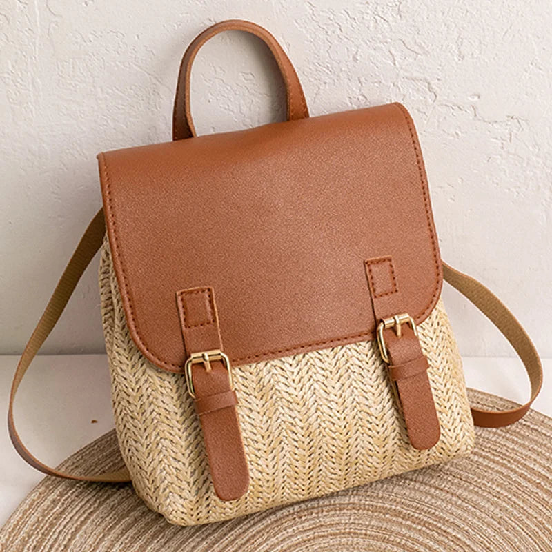 Vintage Straw Backpack Women Mini Shoulder Bag Versatile Straw Woven PU Leather