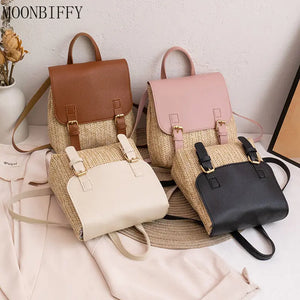 Vintage Straw Backpack Women Mini Shoulder Bag Straw Woven PU Leather