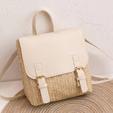 Vintage Straw Backpack Women's Shoulder Bag with PU Leather