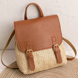 Vintage Straw Backpack Women's Shoulder Bag with PU Leather