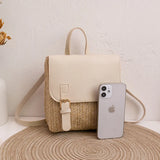 Vintage Straw Backpack Women's Shoulder Bag with PU Leather