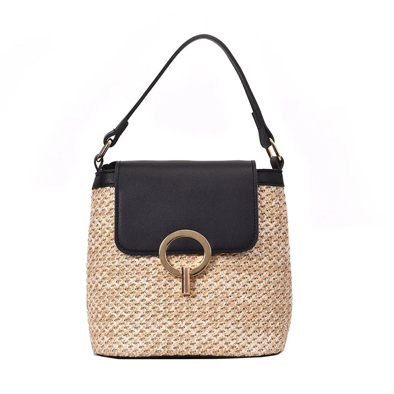 Vintage Straw Shoulder Weaving Bucket Beach Holiday Bag Women Woven Bucket Flap