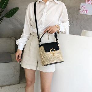 Vintage Straw Shoulder Weaving Bucket Beach Holiday Bag Women Woven Bucket Flap
