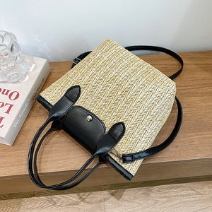 Vintage Straw Splicing Pu Leather Crossbody Bag for Women