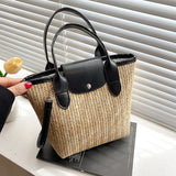 Vintage Straw Splicing Pu Leather Crossbody Bag for Women