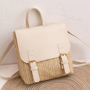Vintage Straw Women's Shoulder Bag Woven PU Leather Small Backpack