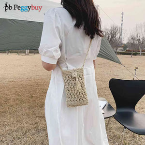 Vintage Straw Crossbody Phone Bag Women Small Purse Ladies Single Shoulder Pouch