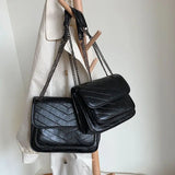 Vintage Stripe Women Shoulder Flap Bag High Oil PU Leather Handbags