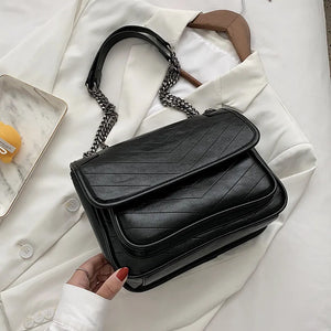 Vintage Stripe Women Shoulder Flap Bag High Oil PU Leather Handbags