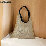 Vintage Straw Beach Bag Linen Woven Bucket Handbag Grass Tote Rattan Bag