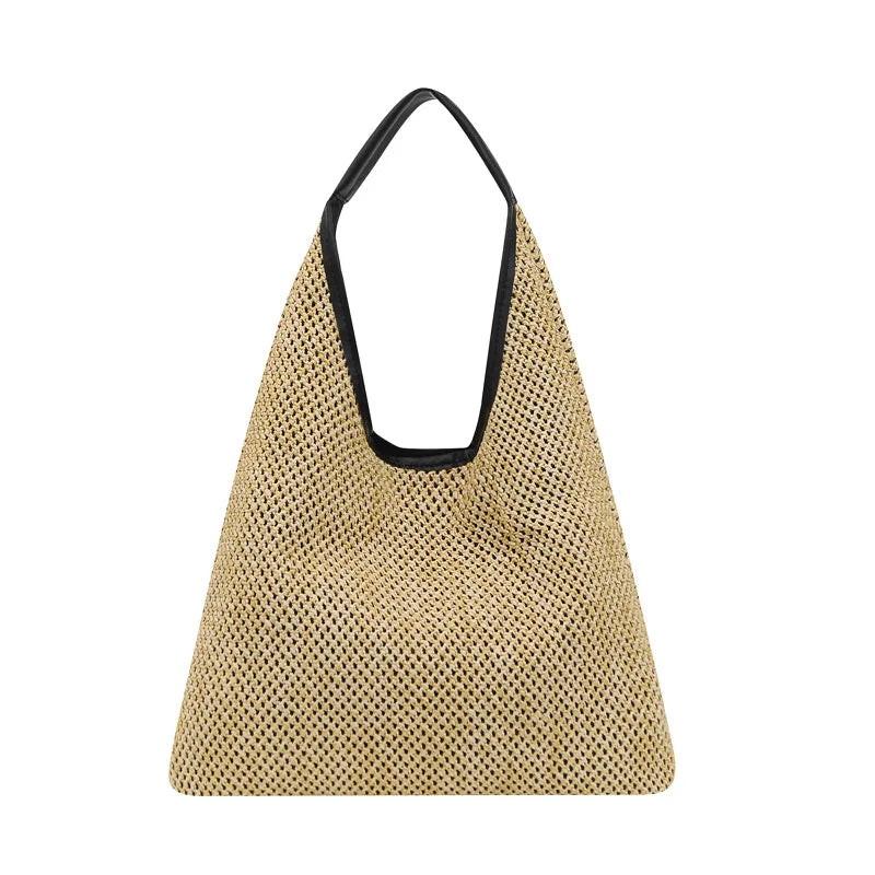 Vintage Straw Beach Bag Linen Woven Bucket Handbag Grass Tote Rattan Bag