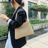 Vintage Straw Beach Bag Linen Woven Bucket Handbag Grass Tote Rattan Bag