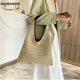 Vintage Straw Beach Bag Linen Woven Bucket Handbag Grass Tote Rattan Bag