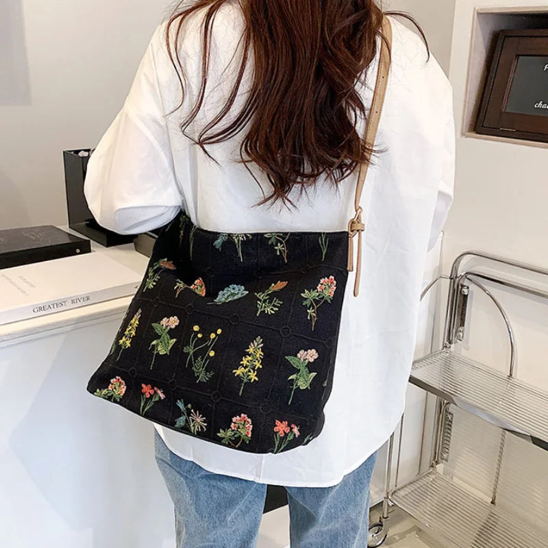 Vintage Floral Shoulder Bags Women Large Capacity Handbag Ladies