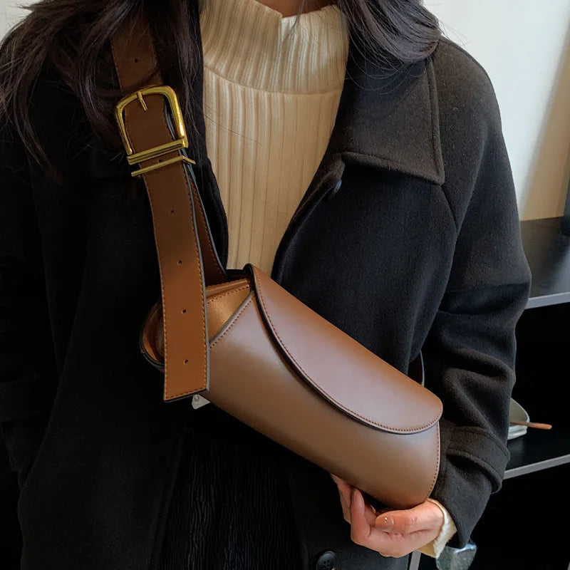 Vintage PU Leather Wide Strap Shoulder Bag for Women