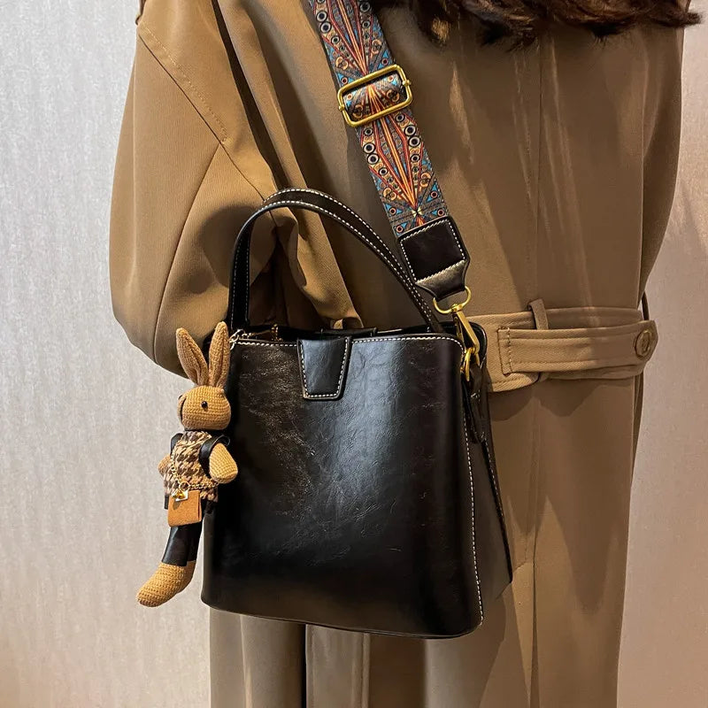 Vintage Wide Strap Bucket Bag Women Handbag Purse PU Leather