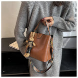Vintage Wide Strap Bucket Bag Women Handbag Purse PU Leather