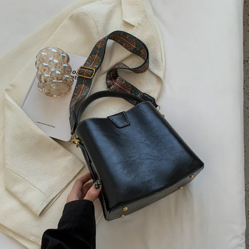 Vintage Wide Strap Bucket Bag Women Handbag Purse PU Leather