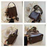 Vintage Wide Strap Bucket Bag Women Handbag Purse PU Leather