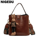 Vintage Wide Strap Bucket Bag Women Handbag Purse PU Leather