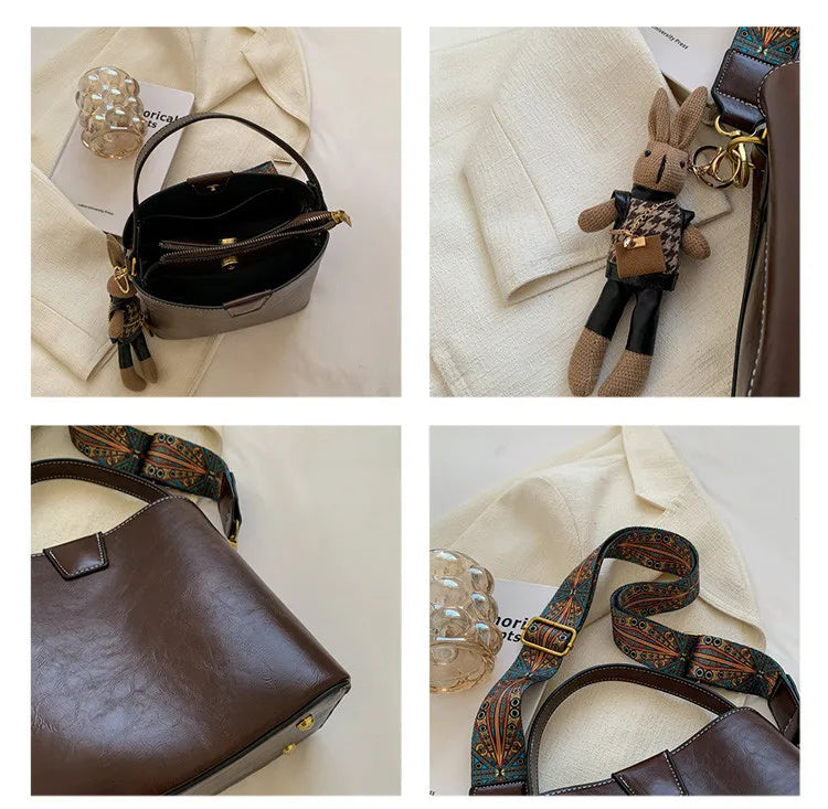 Vintage Wide Strap Bucket Bag Women Handbag Purse PU Leather