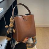 Vintage Wide Strap Bucket Bag Women Handbag Purse PU Leather