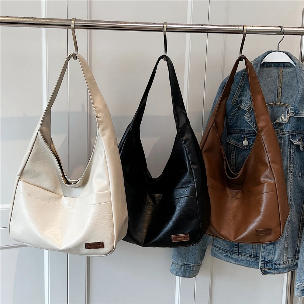 Vintage Wide Strap Soft Shoulder Bags For Women Large Capacity Bucket Female Hob