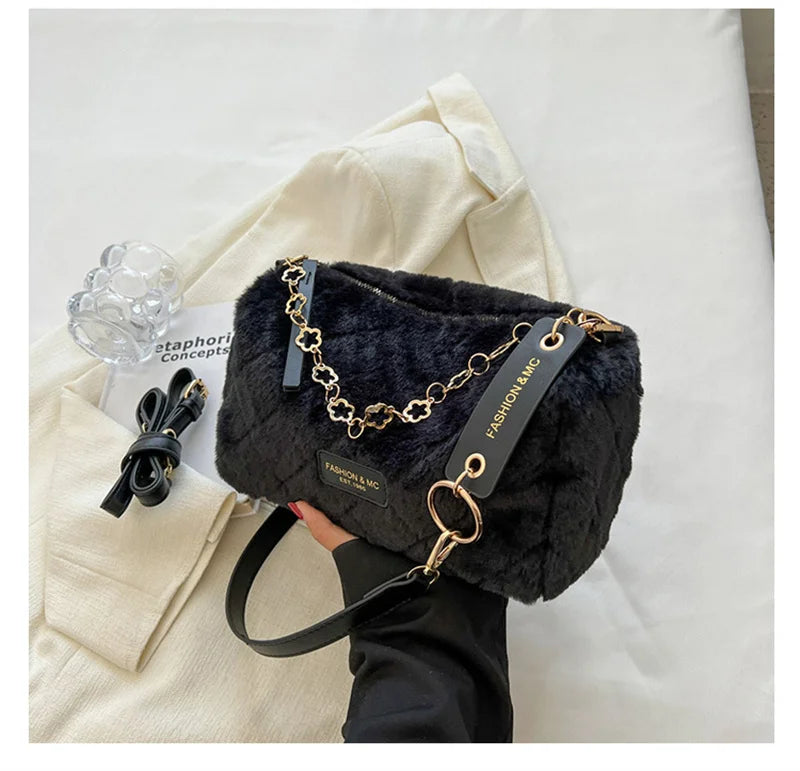 Vintage Winter Plush Shoulder Bag Women Furry Totes Handbag Purse