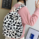 Vintage Women Animal Cow Pattern School Bags Soft Plush Student Backpack