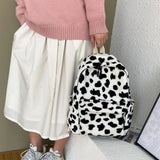 Vintage Women Animal Cow Pattern School Bags Soft Plush Student Backpack