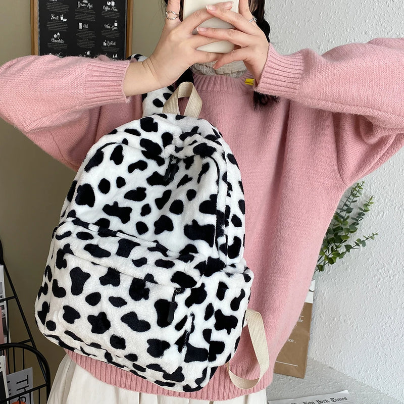 Vintage Women Animal Cow Pattern School Bags Soft Plush Student Backpack