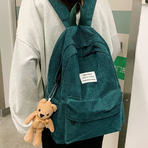 Vintage Women Backpack Casual High School College Students Book Bag Corduroy