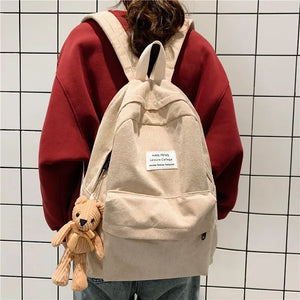 Vintage Women Backpack Corduroy School Book Bag Rucksack