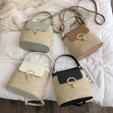Vintage Women Beach Bucket Shoulder Weaving Straw Handbags